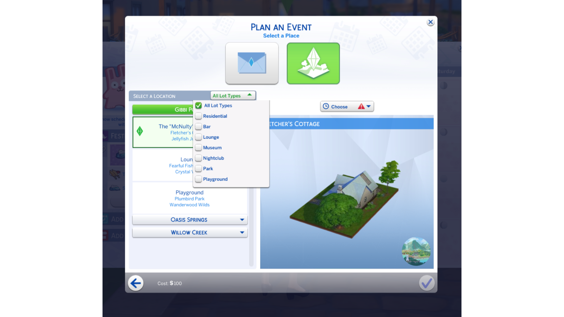 Novo filtro do menu suspenso para Tipos de Local na Interface de Planejamento de Eventos