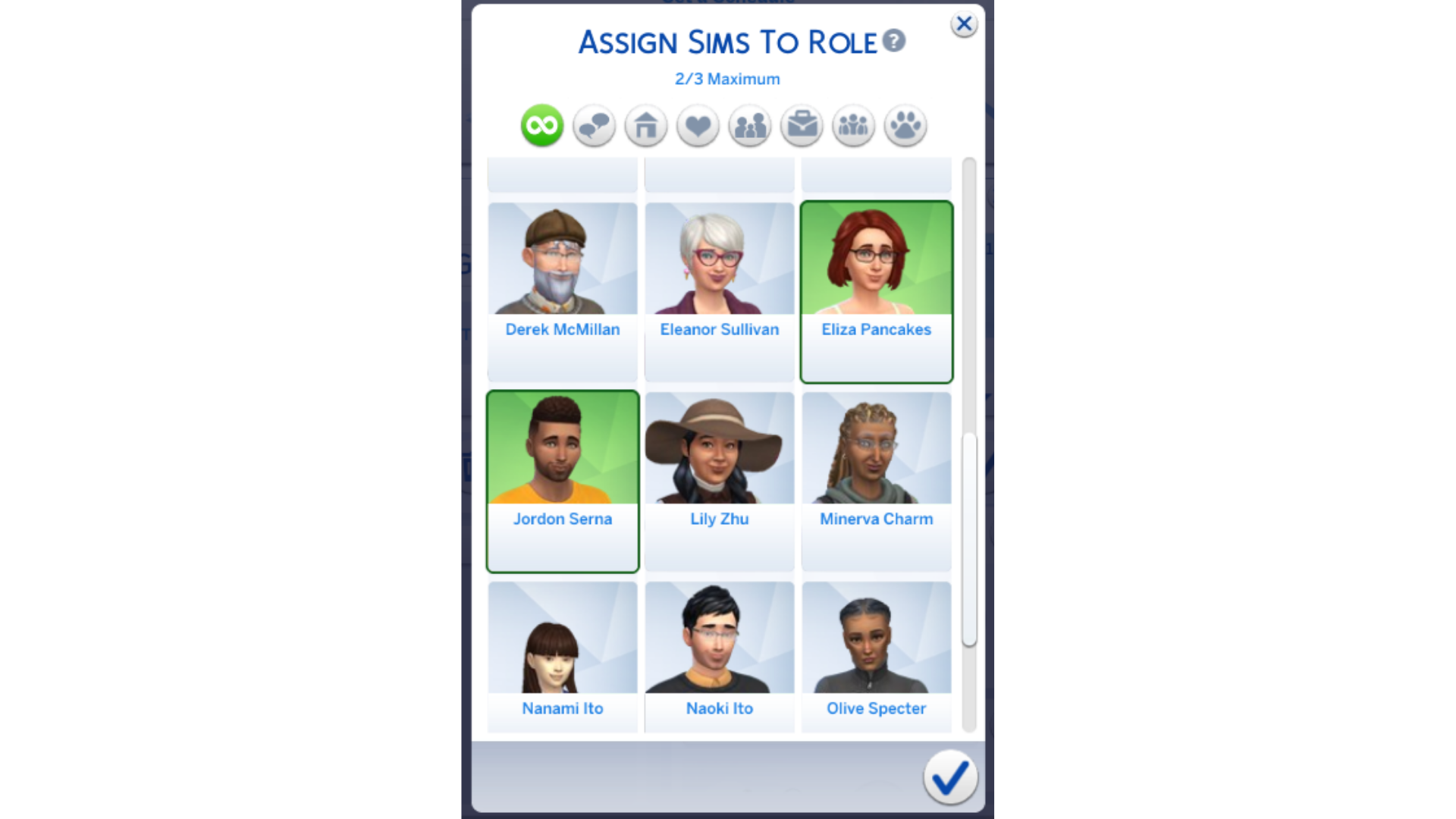 Nove Sims com aparências diversas estão listados em uma tela de seleção de personagem, com dois destacados em verde.