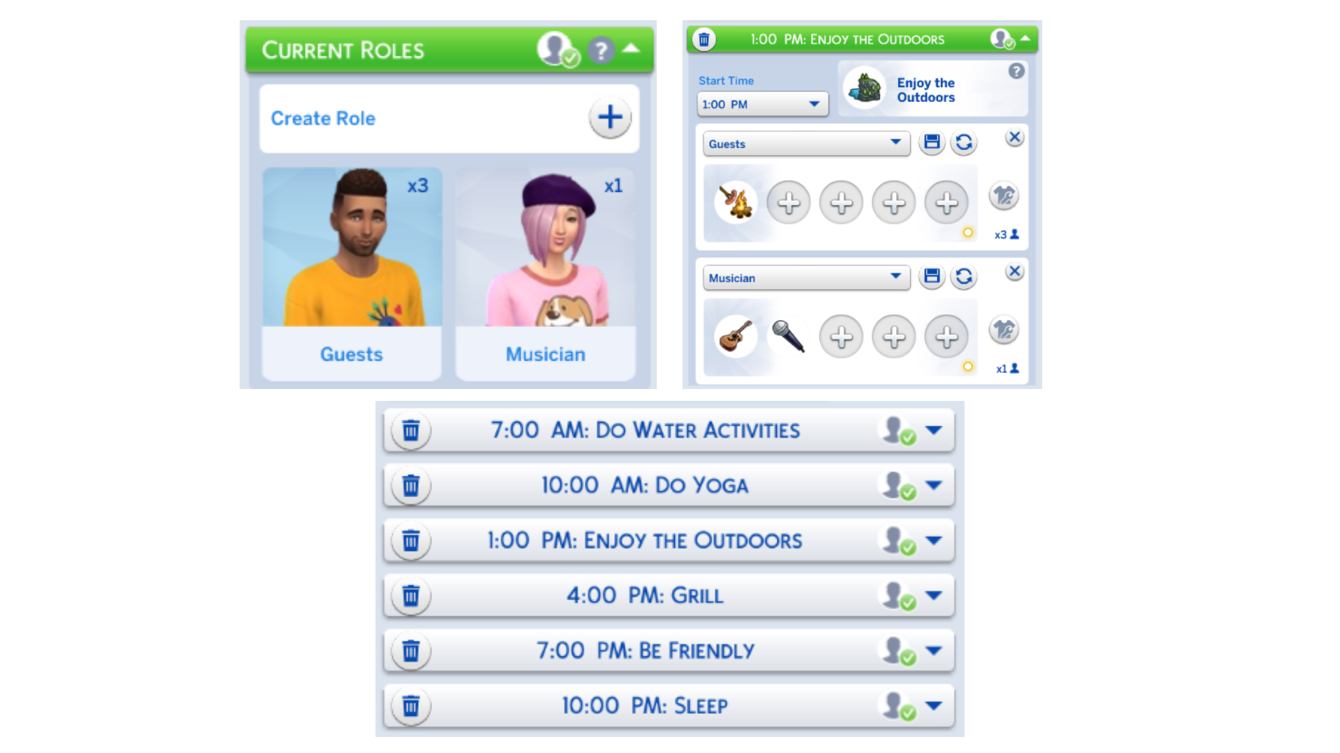 Dois menus de personalização de Sims e de eventos são exibidos em capturas de tela da interface do jogo.