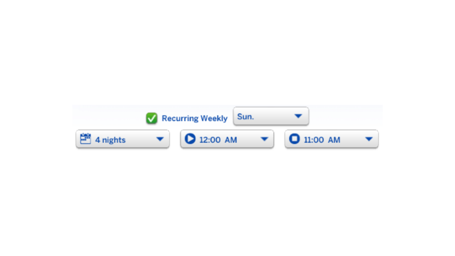 Menus suspensos para programar um evento semanal recorrente aos domingos, com definição da duração e horário.