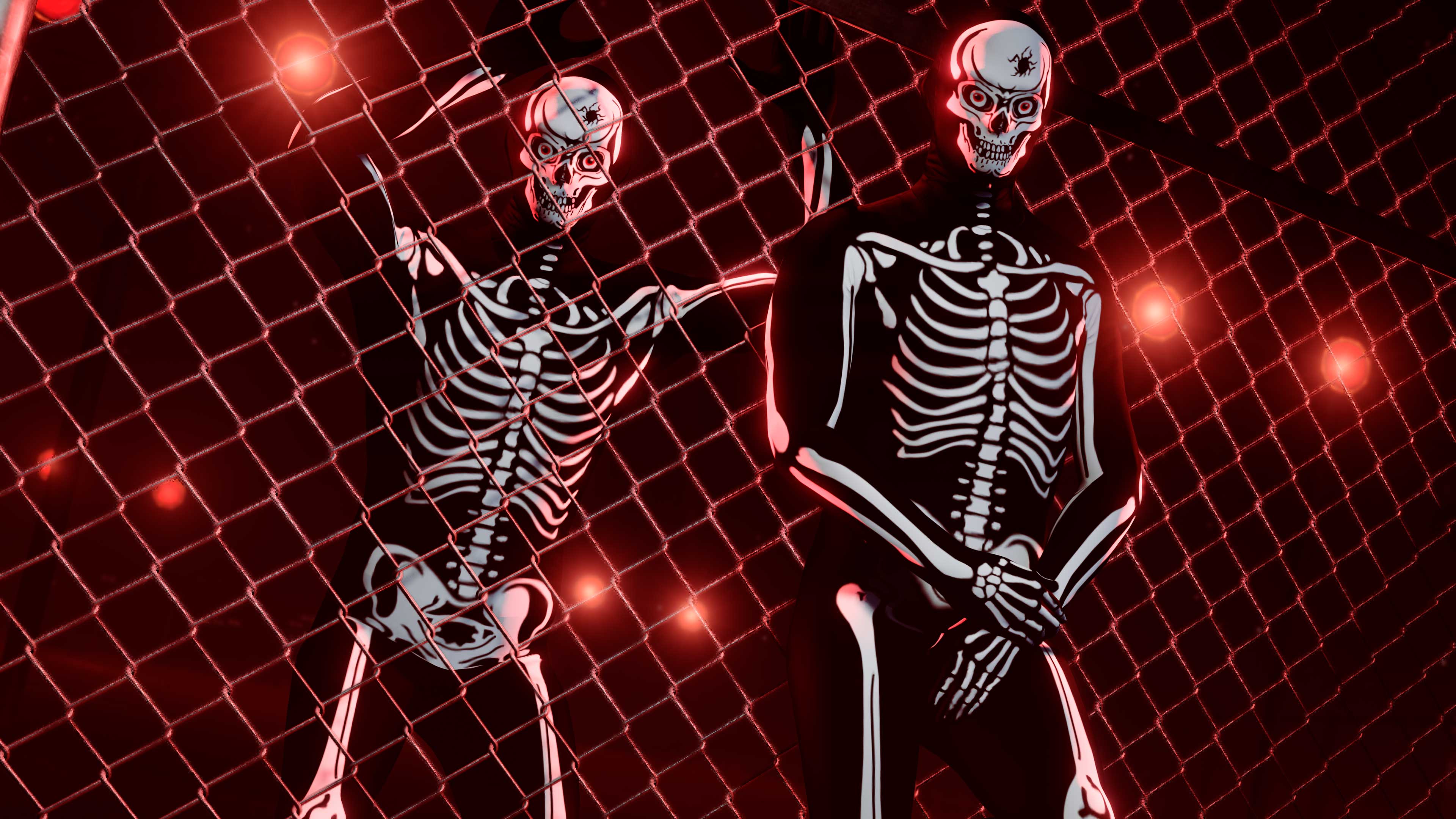 Dois personagens usando o Body de Esqueleto posam encostados em uma cerca de arame.