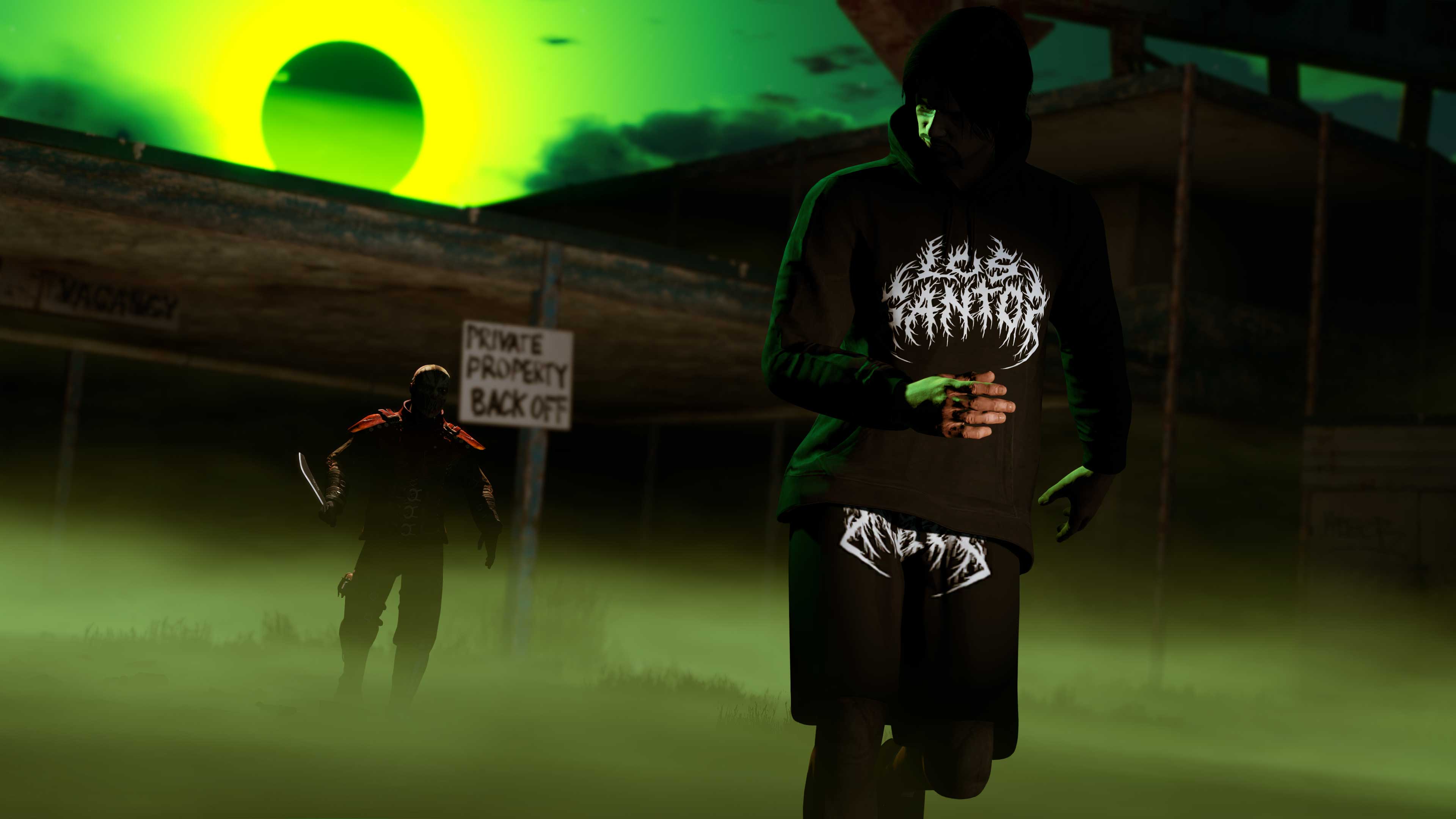 Personagem usando o Moletom e Bermuda LS Death Metal e uma neblina verde cobre o chão enquanto um personagem segurando uma faca se aproxima.