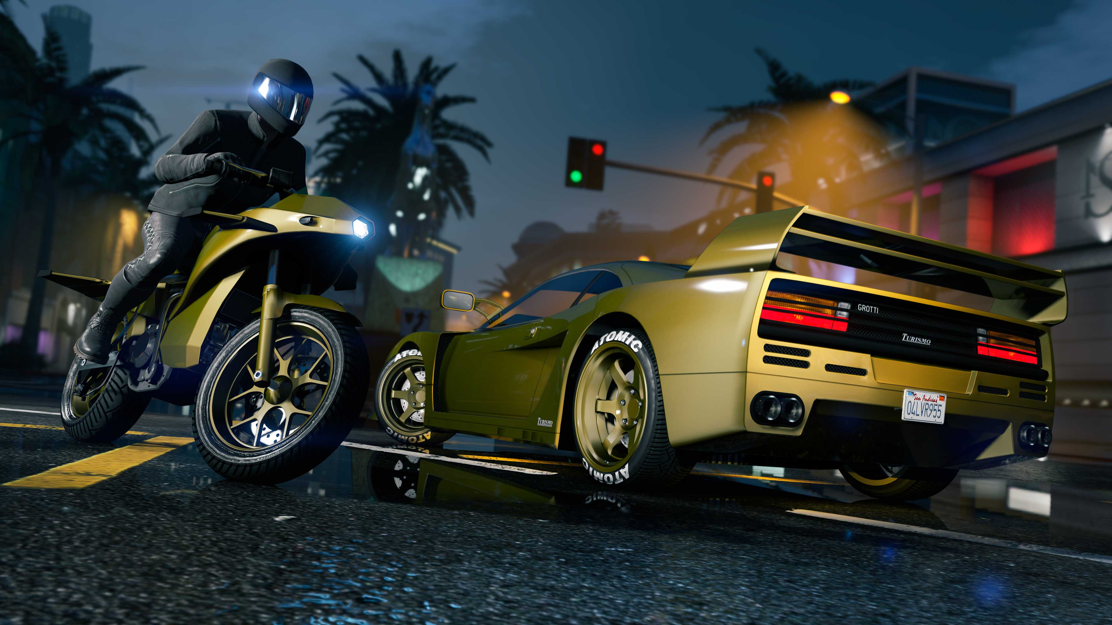 Um carro e uma moto com a Pintura Camaleão e Pintura Camaleão para Rodas Pérola Anodizada Bronze.