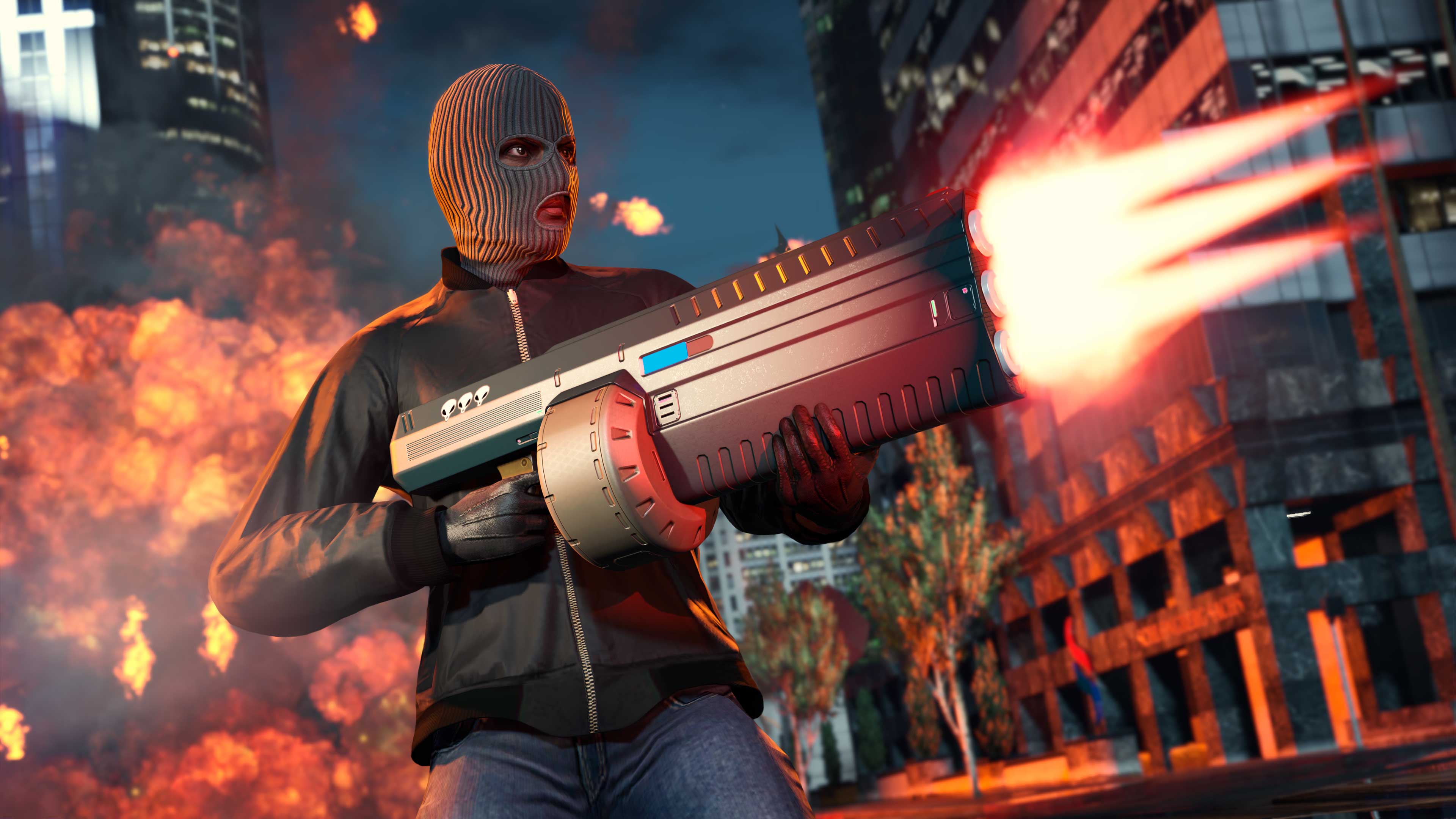 Um personagem mascarado dispara usando uma arma alienígena grande em frente a uma explosão na rua de uma cidade.