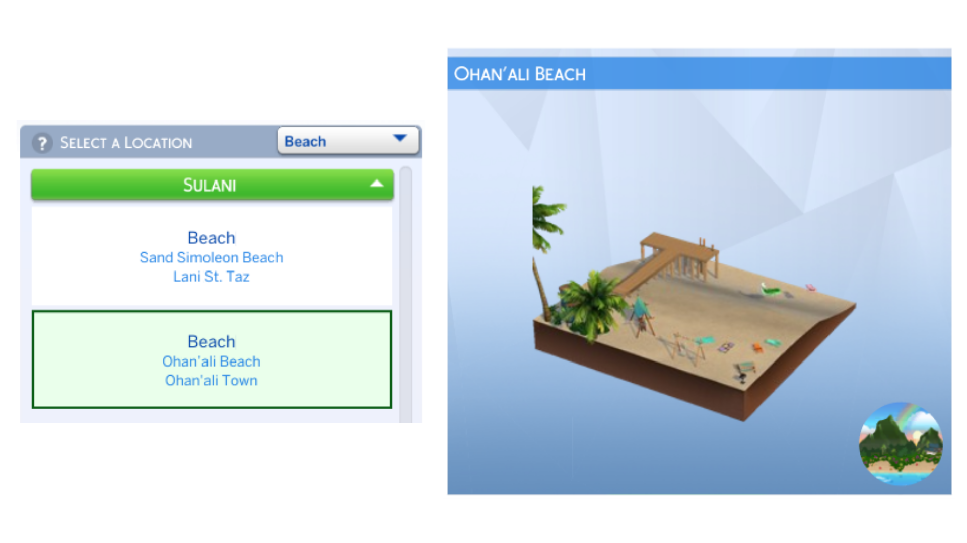 Captura de tela do jogo com um menu e um modelo 3D da Praia de Ohan’ali, incluindo palmeiras, espreguiçadeiras e guarda-sóis.