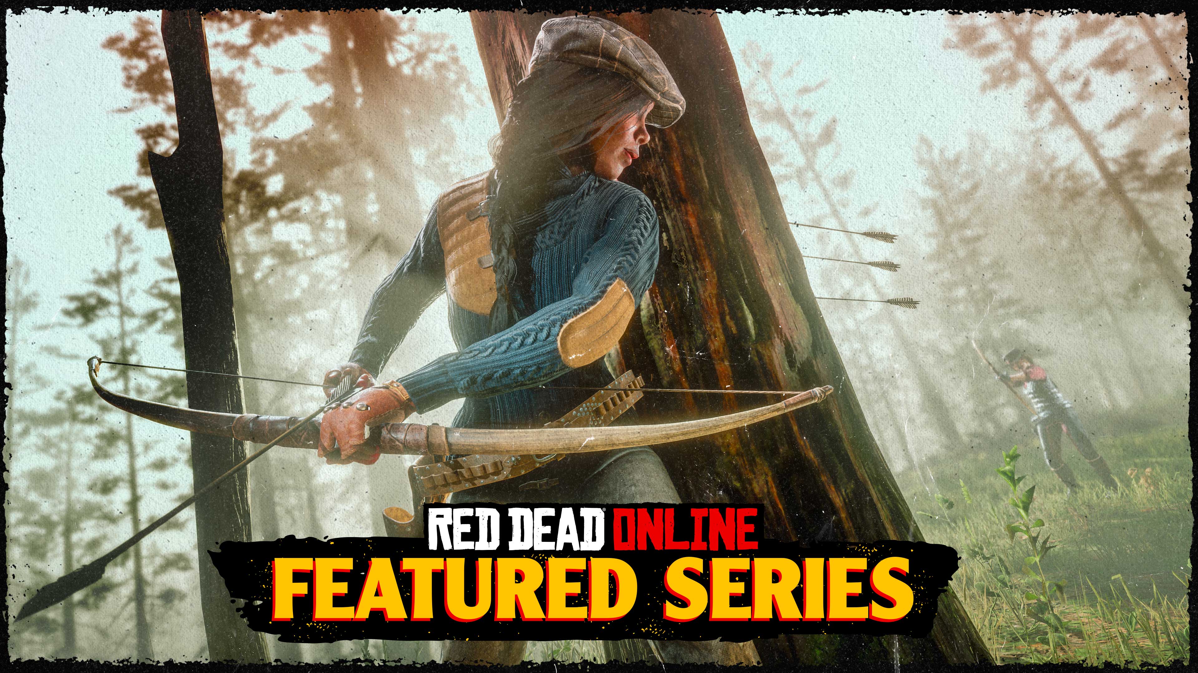 Cartaz da Série em Destaque no Red Dead Online com um personagem se escondendo atrás de uma árvore alvejada por flechas enquanto se prepara para disparar seu arco. Ao fundo, outro personagem dispara flechas em direção à árvore.