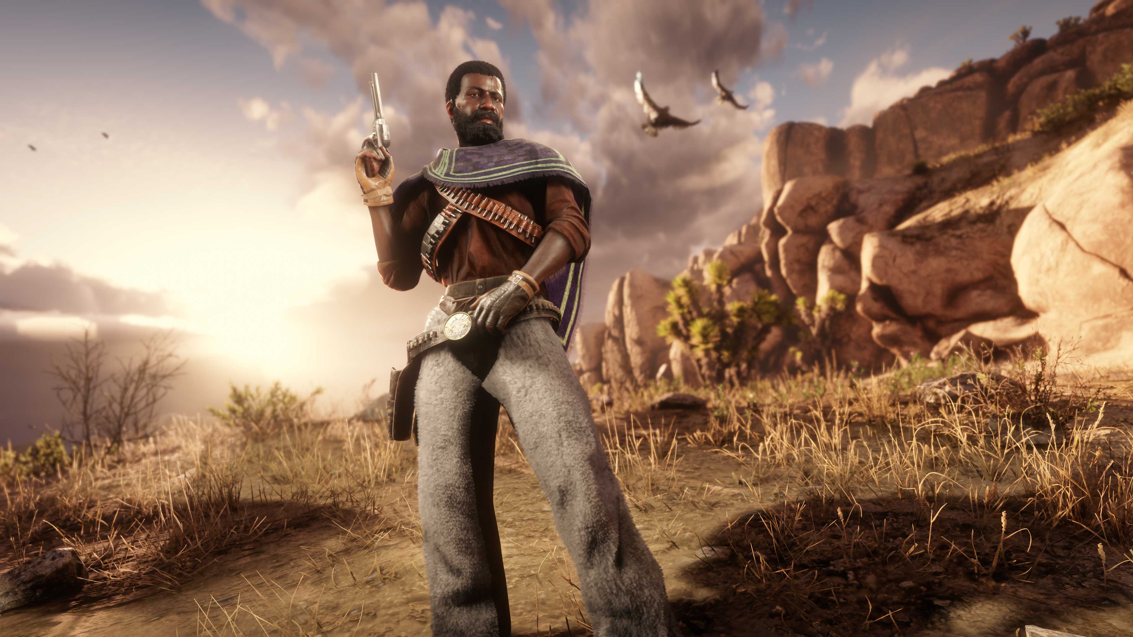 Um personagem de Red Dead Online posa em frente a um cânion vestido com peças de vestuário de volta por tempo limitado.