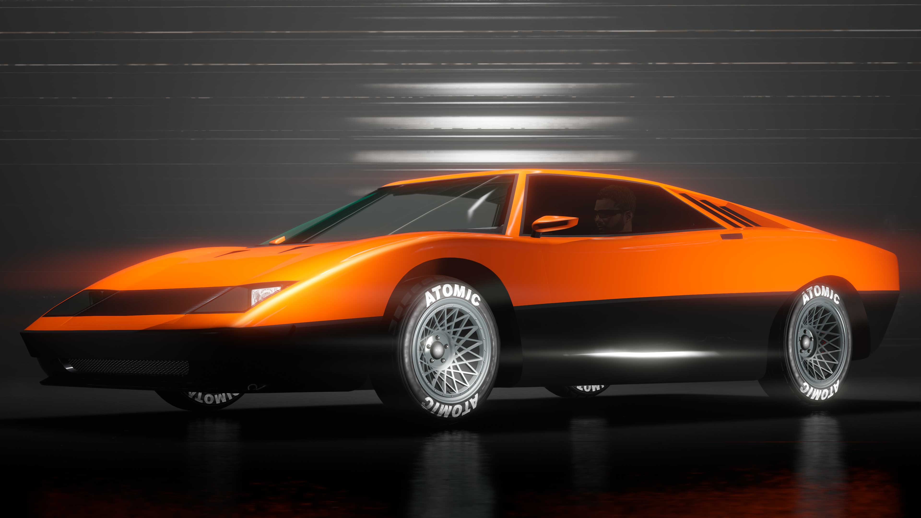 Um carro Ocelot Stromberg de duas portas com a metade superior laranja e a metade inferior preta.
