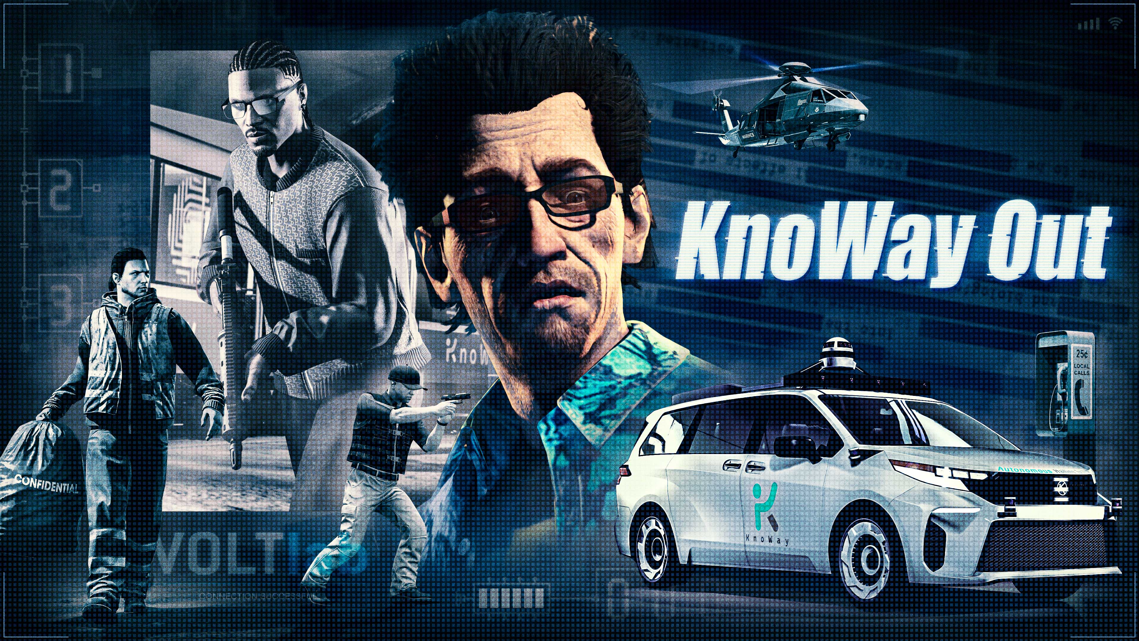Cartaz de “KnoWay, não!” com Avi Schwartzman rodeado por imagens de carros com direção autônoma e personagens de GTA Online trabalhando em serviços.