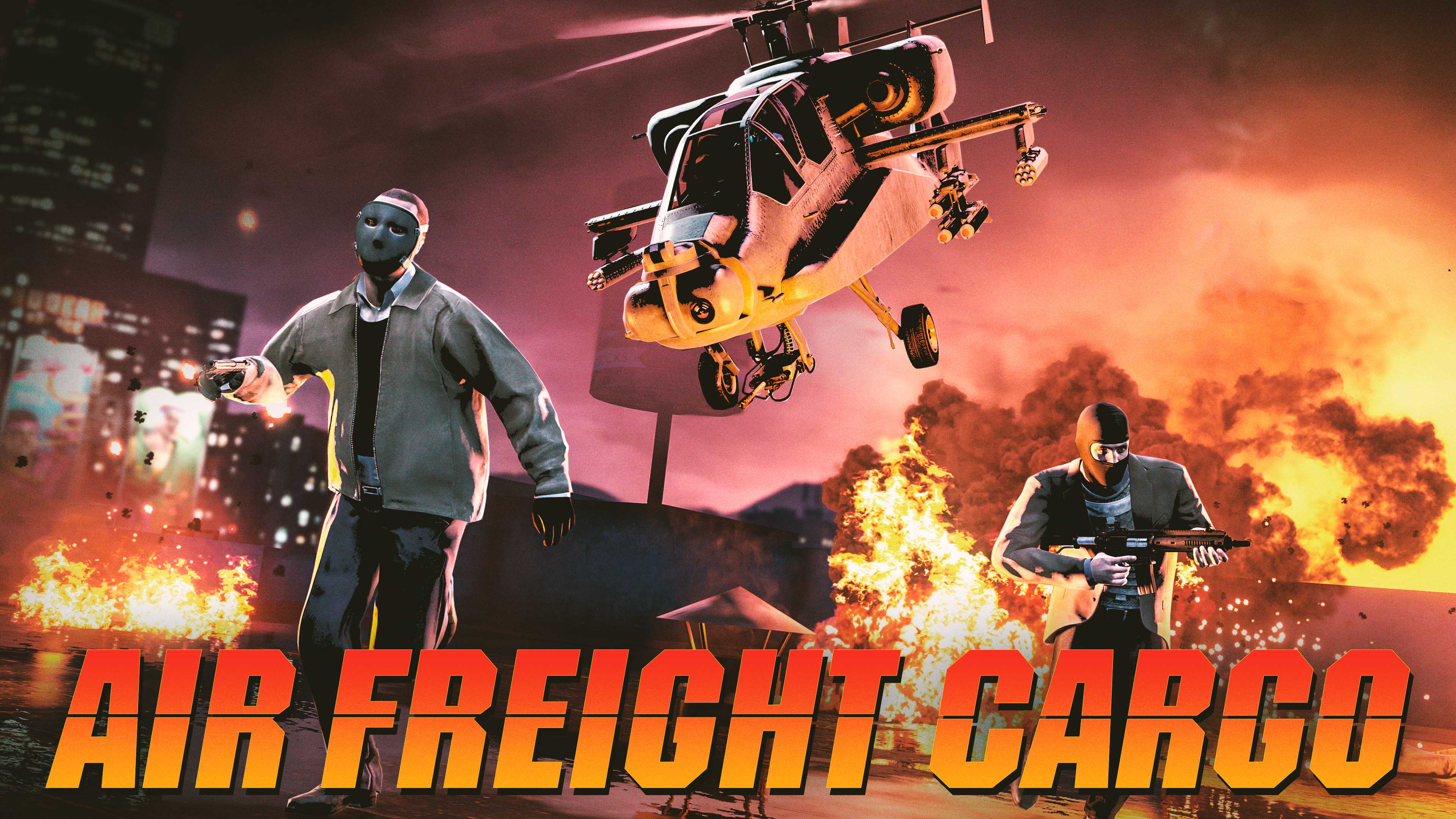 Cartaz de Carga de Frete Aéreo com dois personagens de GTA Online mascarados e armados fugindo de explosões enquanto um helicóptero armado voa perto deles.