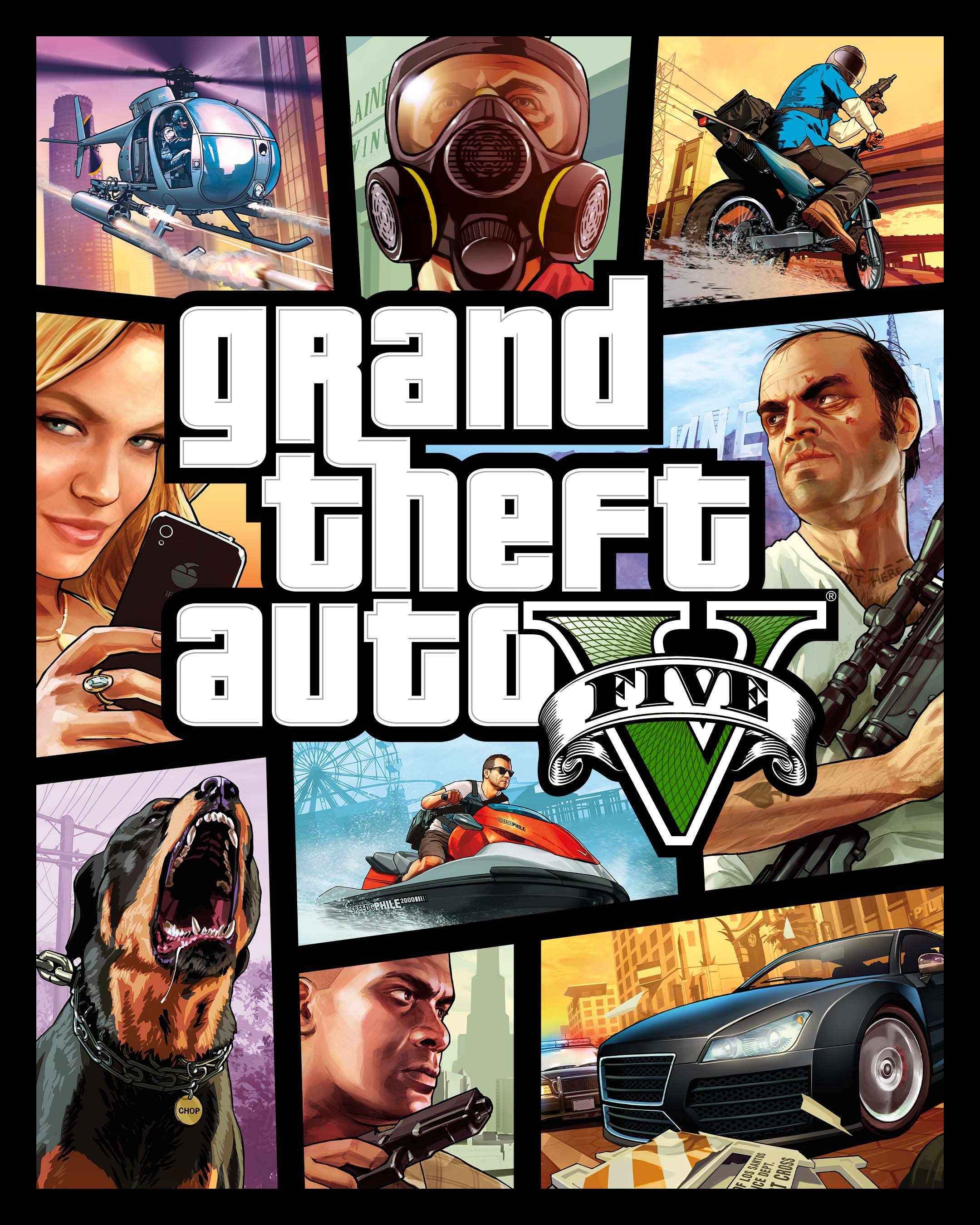 Logotipo de Grand Theft Auto 5 sobre arte de GTA 5 com vários blocos com personagens e cenas.