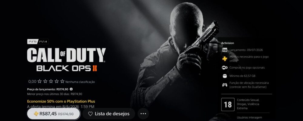 Call of Duty: Black Ops 1 e 2 chegam ao PS4 e PS5 por R$174,90 cada e 50% de desconto na PS Plus