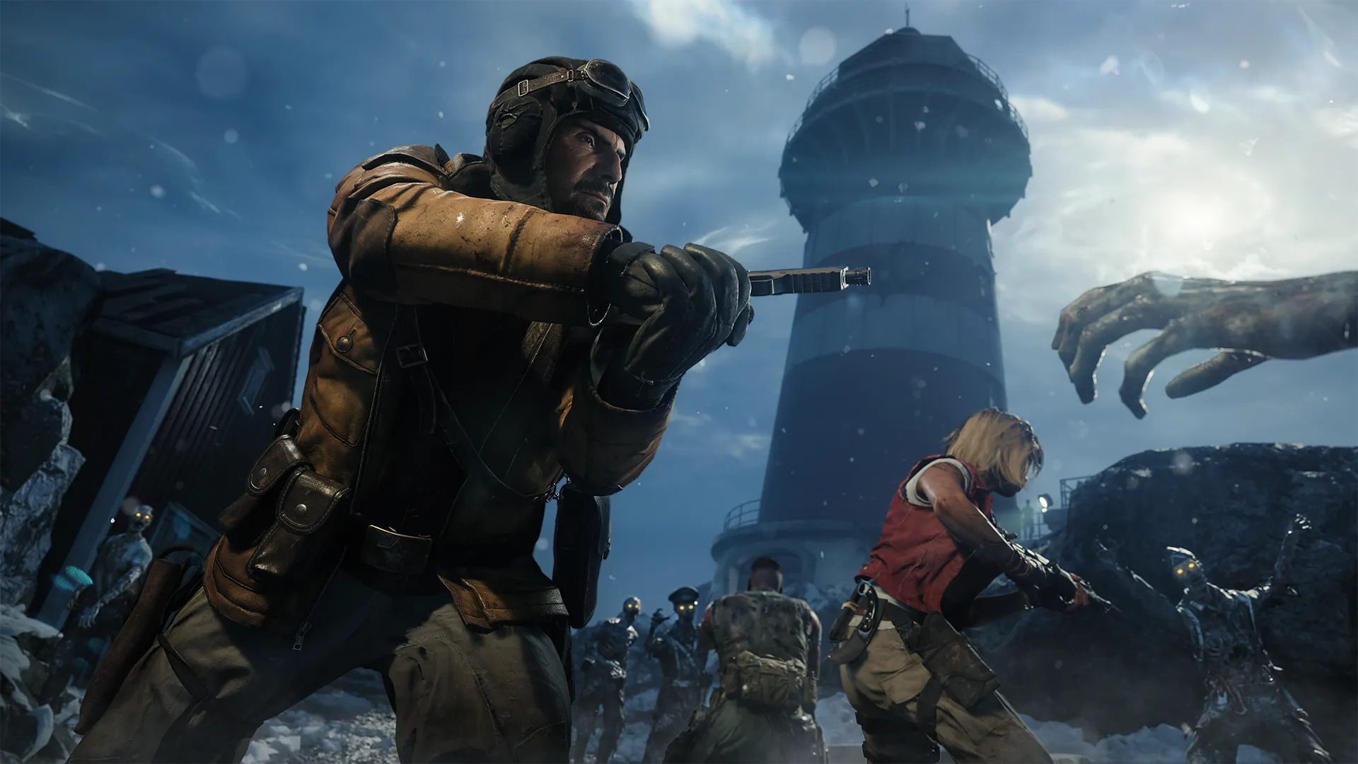 Players fight zombies outside a snowy lighthouse as undead close in from every direction.